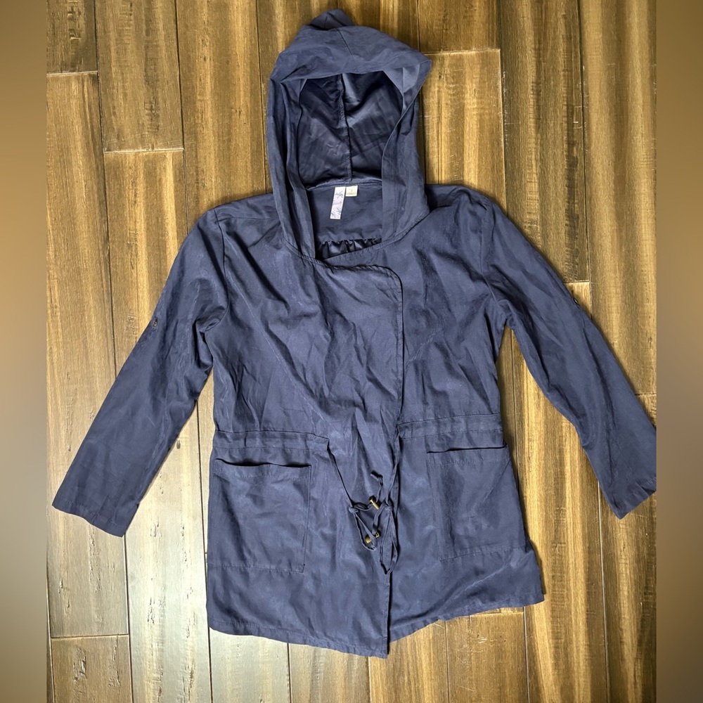 Navy Dark Blue Hooded Open Front Wrap Waist Tie Jacket Long Sleeve Velvet Suede